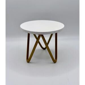 1:6 Scale Mini Side Table White Wood Top Gold Metal Hairpin Legs